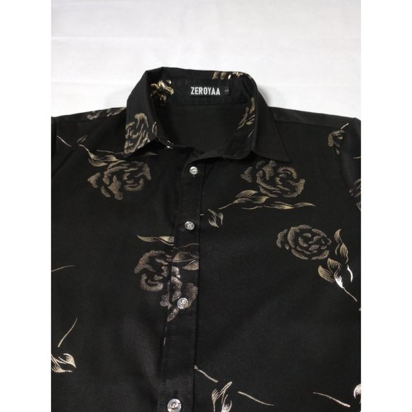 ZEROYAA Mens S Hipster Gold Rose Printed Slim Fit Short Sleeve Button Down - Picture 8 of 9